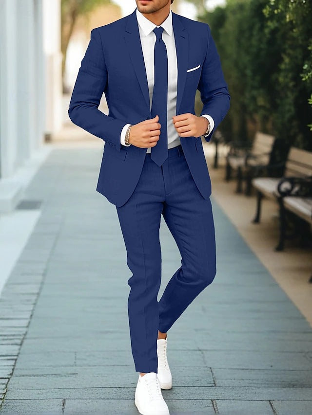 StijlvolElegante Formele Business Effen Kleur 2-delige Slim Fit Linnen Pak * Colbert & Pantalon met Knoopsluiting  voor Heren & Jongens