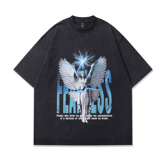 Trendy Retro High Street Fashion Effen Kleur Washed Vintage Cartoonprint T-shirt met Ronde Hals en Korte Mouwen voor Heren & Jongens