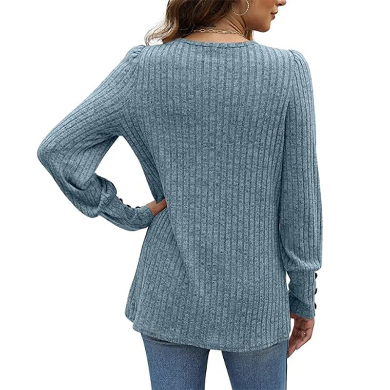 Amerikaanse Trendy Elegante Effen Kleur Licht Gebreide Gekruiste Shirt met Ronde Hals en Lange Mouwen voor Dames