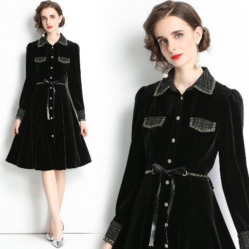 Franse Vintage Elegante Formeel/Feestjurk van Fluweel Opstaande Kraag en Plooien voor Dames & Plus-Size