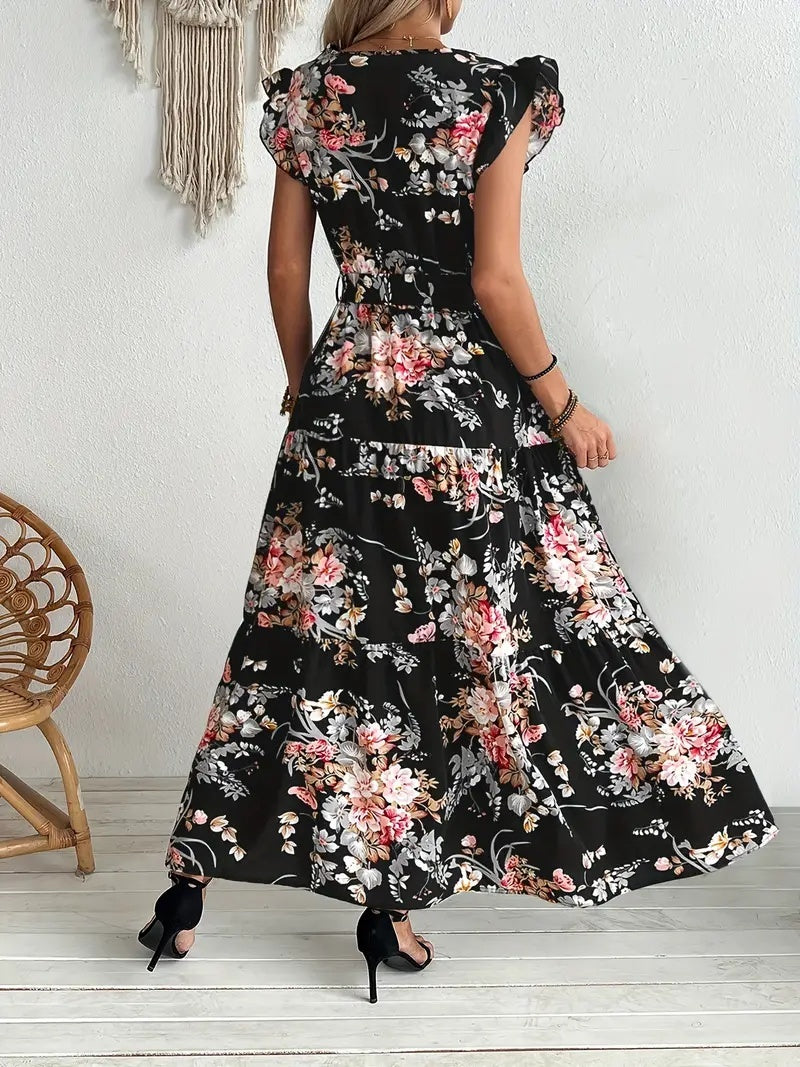 Elegante Zwarte Bloemenprint Maxi-jurk met V-hals en Korte Mouwen voor Dames & Plus-size