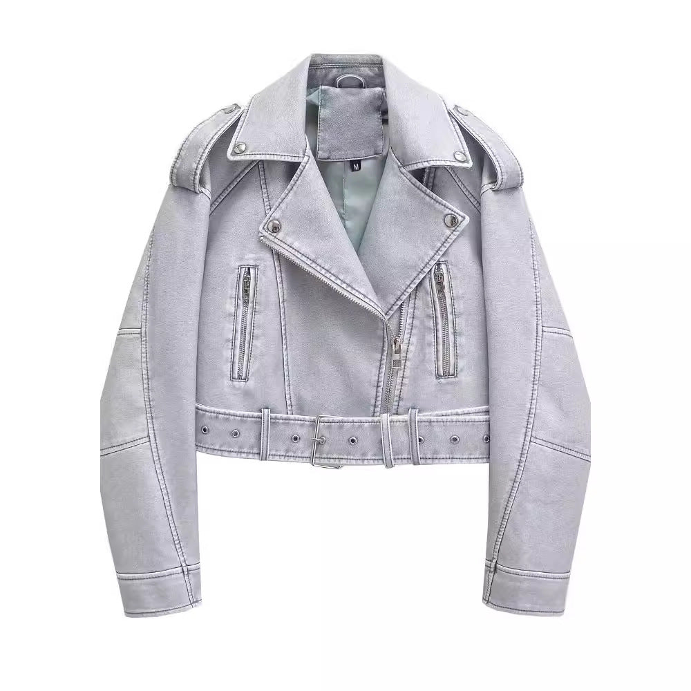Street Hipster Fashion Washed Motorjacket van PU-Leer in Effen Kleur met Rits en Riemsluiting voor Dames