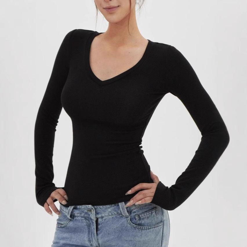 Europese Casual Effen Kleur Slim-Fit T-Shirt met V-hals en Lange Mouwen voor Dames & Meiden