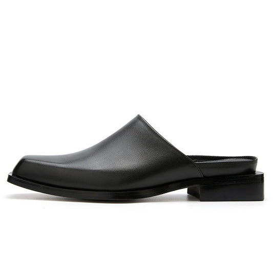 Modieuze Effen Kleur Casual Veelzijdige Slippers van Rundleer met Vierkante Neus en Open Achterkant met Lage Blokhak voor Heren