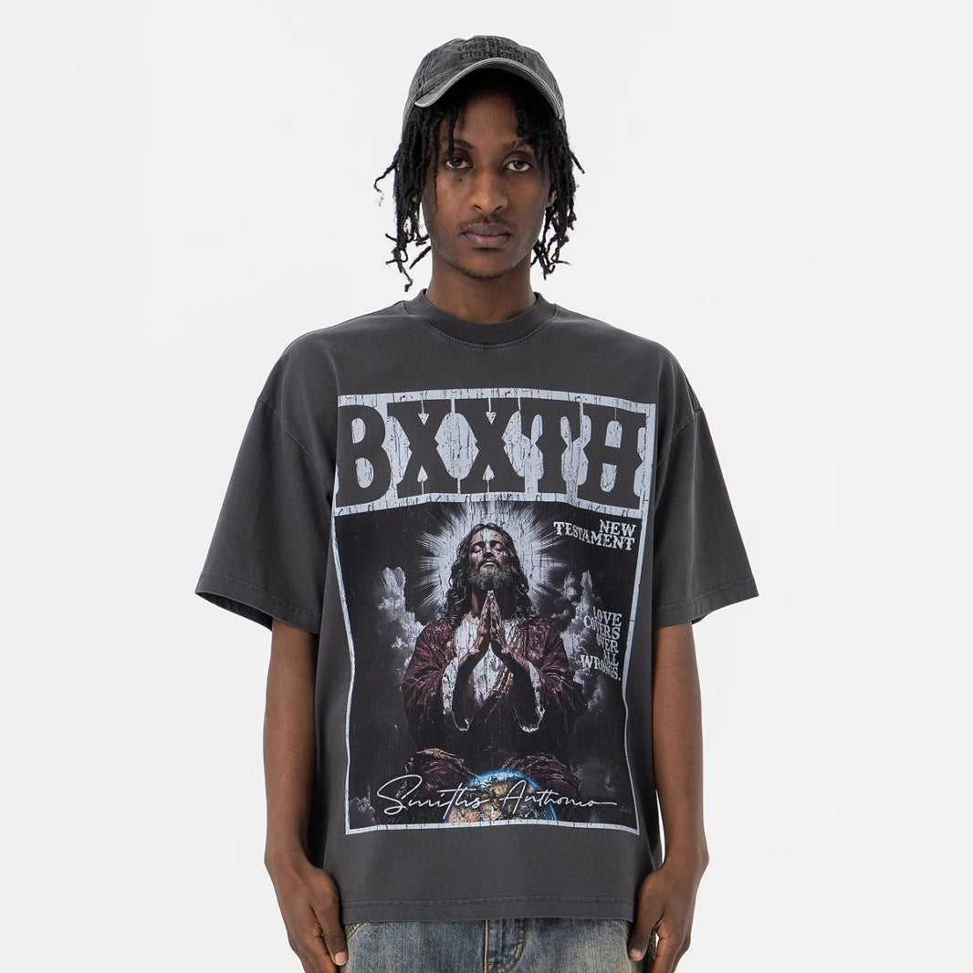 LANHAI Trendy Effen Kleur Oversized Casual Vintage Washed Ronde Hals T-shirt met Grafisch Bedrukte Gebedsprint en Korte Mouwen voor Heren