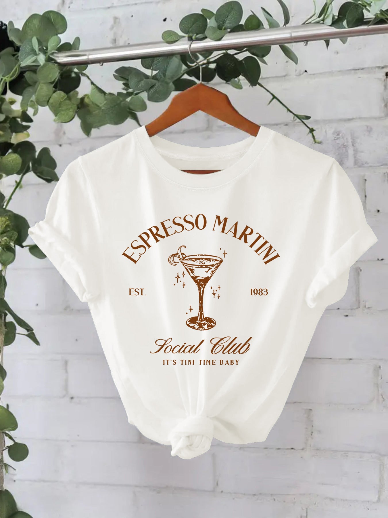 Stijlvolle Streetwear Effen Kleur Casual ESPRESSO MARTNI T-shirt met Ronde Hals en Korte Mouwen voor Dames/Meiden & Plus-Size