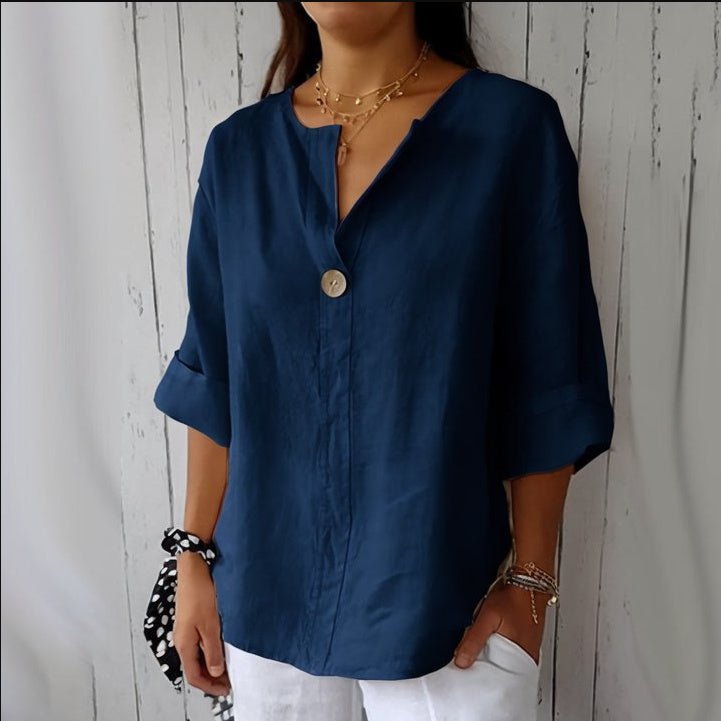 Unieke Designer Linnen V-hals Oversized Blouse T-shirt met Lange Mouwen en Knoopsluiting voor  Dames & Plus-size