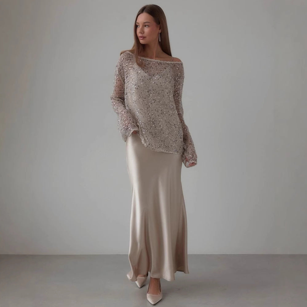 Amerikaanse Elegante Off-Shoulder Holle Oversized Pullover Pailletten Top en Lange Mouwen voor Dames & Plus-size