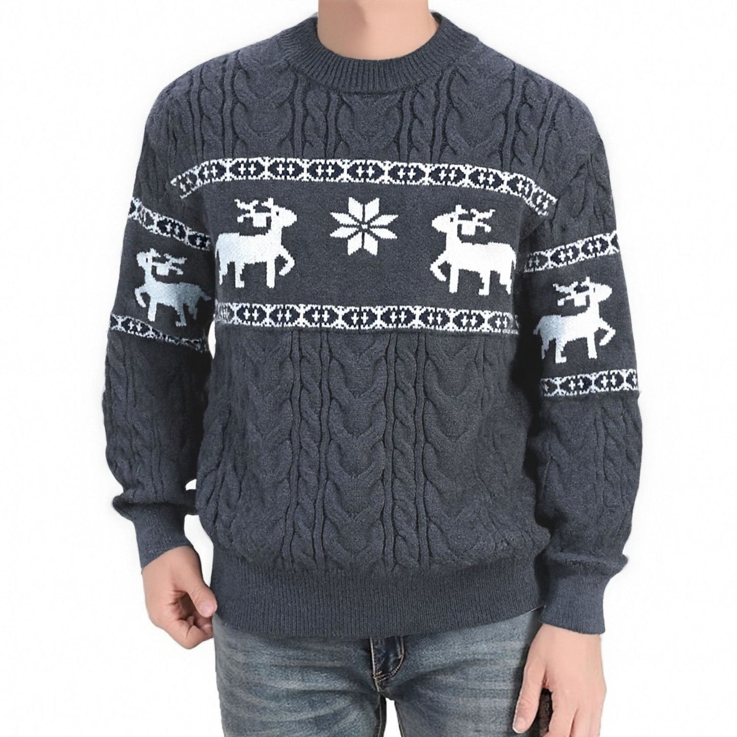 Kerstmis Trendy Casual Effen Kleur Jacquard Gebreide Kerst Trui met Kerstmispatroon en Ronde Hals voor Heren
