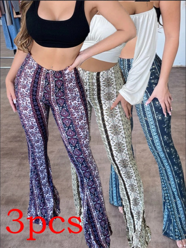 Stijlvolle Elegante Hoge Taille Strakke Stretch Boho Flare Broek met Bedrukte Paisley en Streepmotief voor Dames & Plus-size