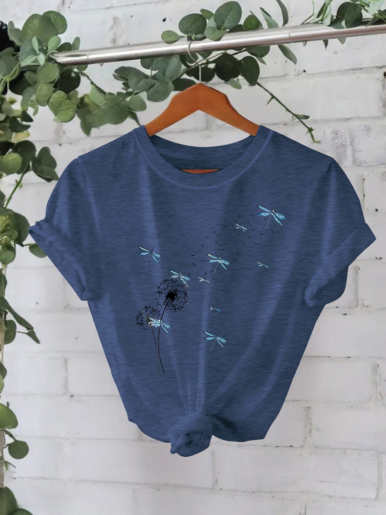 Stijlvolle Basic Streetwear Effen Kleur Casual Ronde Hals T-shirt met Paardenbloemmotief en Korte Mouwen voor Dames & Plus-Size