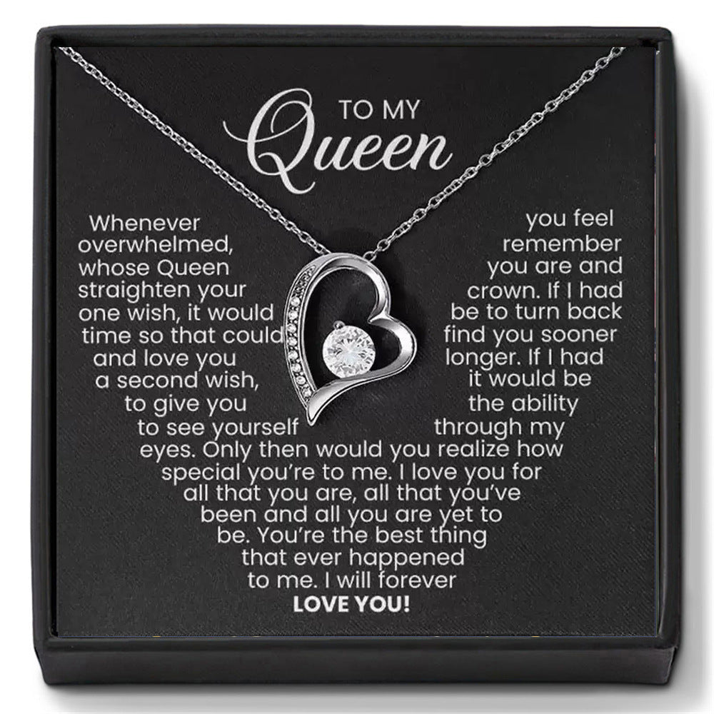 Stijlvolle Modieuze Roestvrijstalen "TO MY QUEEN" Halsketting en een Uitgeholde Hartvormige Hanger met Zirkoon en Strass-steentjes voor Dames