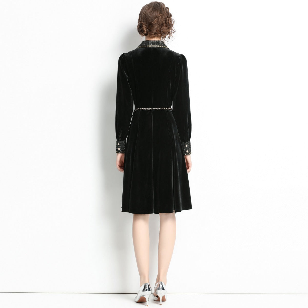 Franse Vintage Elegante Formeel/Feestjurk van Fluweel Opstaande Kraag en Plooien voor Dames & Plus-Size