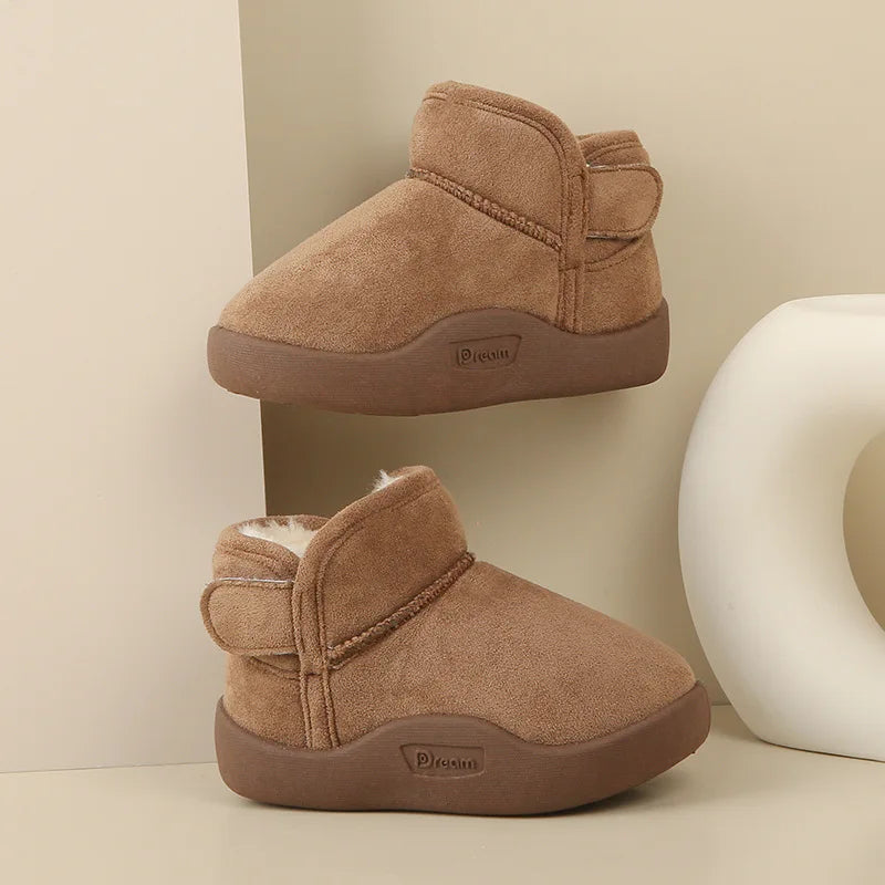 Trendy Effen Kleur Warme Winterse Enkellaarsjes van Pluche en PU-Leer met Ronde Neus en Klittenbandsluiting voor Kinderen