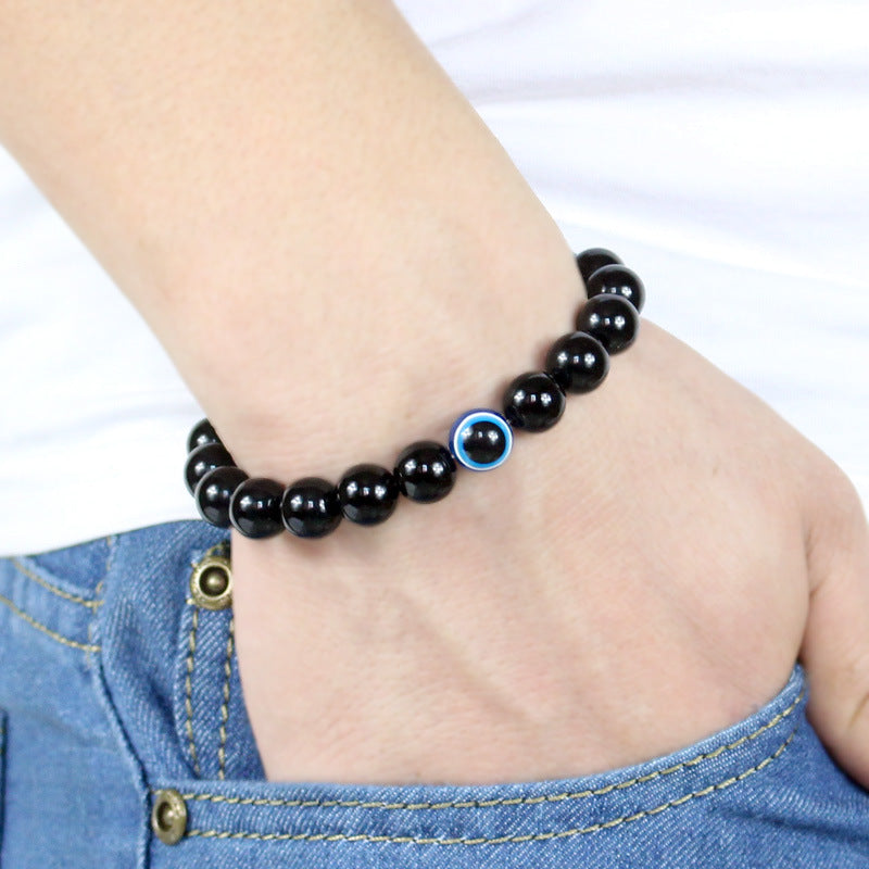 Trendy Effen Kleur Klassieke Turkse Boze-Oog (Nazar) Armband met Zwarte Natuurstenen (Obsidiaan) voor Heren