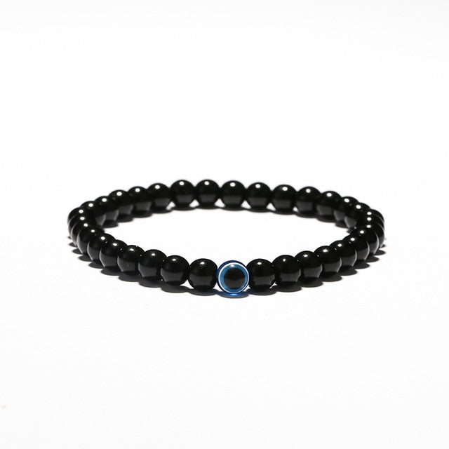 Trendy Effen Kleur Klassieke Turkse Boze-Oog (Nazar) Armband met Zwarte Natuurstenen (Obsidiaan) voor Heren