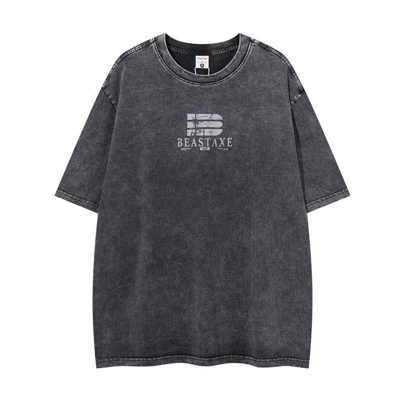 Trendy Klassieke Effen Kleur Oversized Casual Vintage Washed Letterprint T-shirt met Ronde Hals en Korte Mouwen voor Heren