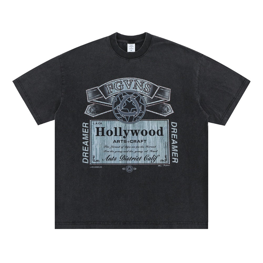 Modieuze Klassieke Effen Kleur Oversized Casual Vintage Ronde Hals T-shirt met Bedrukte Geometrische Print en Korte Mouwen voor Heren