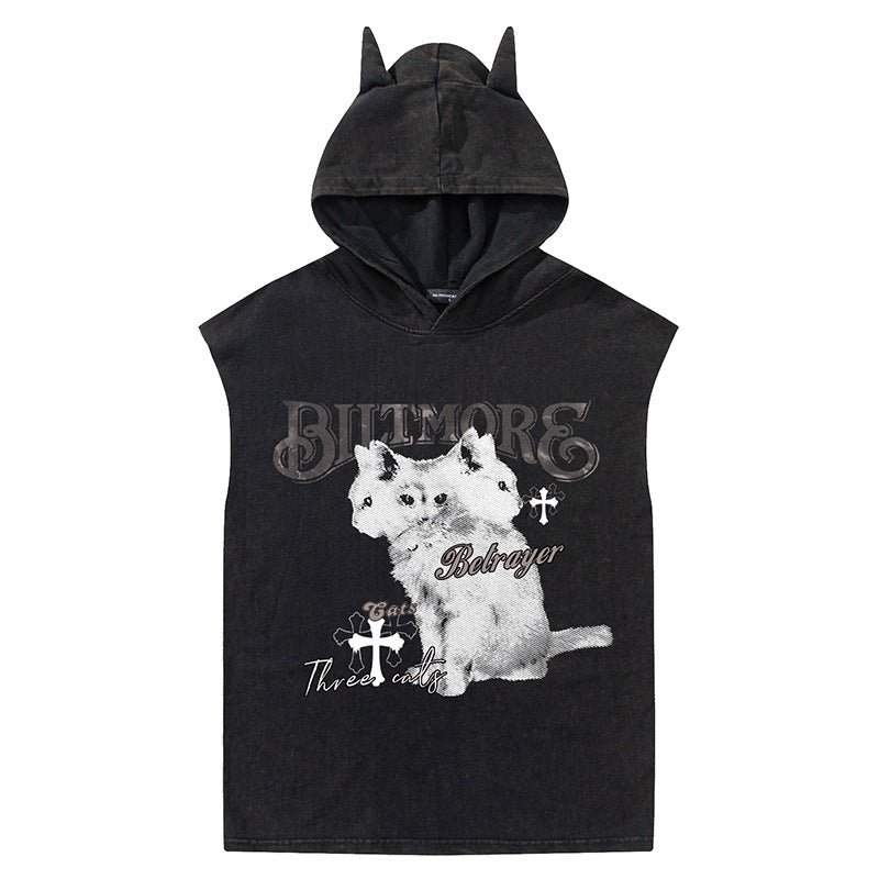 Klassieke Stijlvolle Effen Kleur Mouwloze Vintage Grafische Bedrukte Tanktop met Capuchon en Duivelshoorntjes voor Heren