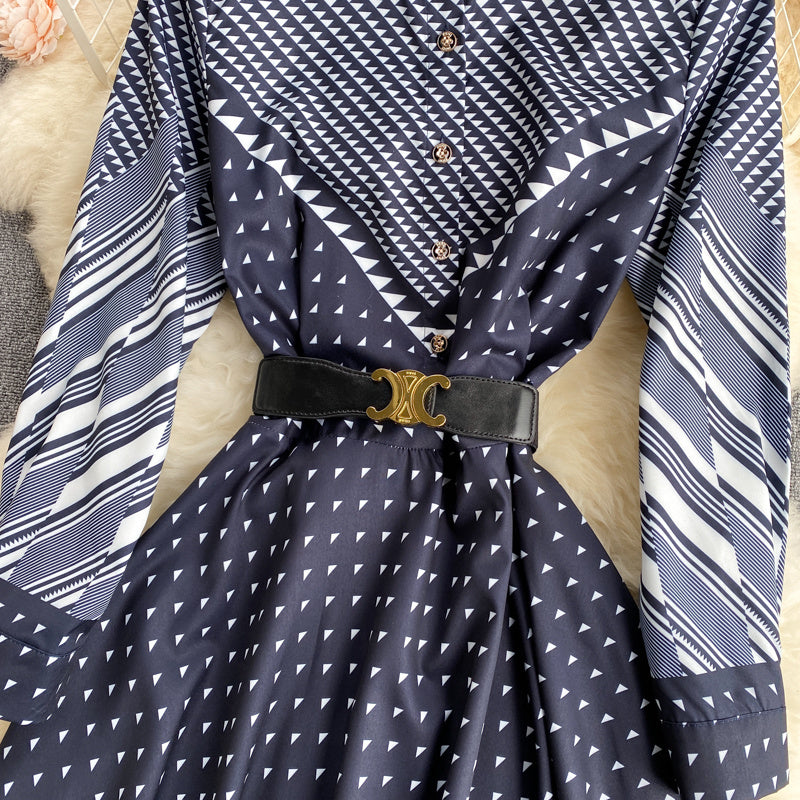 Niche Color-Blocking Retro A-lijn Slanke Gestreepte Jurk met Knoopsluiting en Riem voor Dames & Tieners