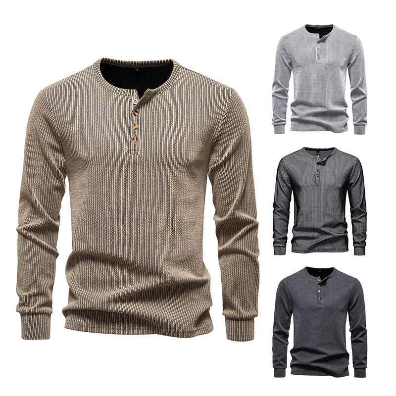 Modieuze Casual Gestreepte Henley Slim Fit Ronde Hals T-shirt met Halve Knoopsluiting en Lange Mouwen voor Heren & Jongens