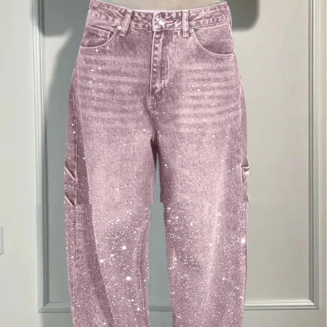 Stijlvolle Designer Modieuze Streetwear Oversized Wide Leg Jeans met Strass-steentjes en Zakken voor Dames/Plus-size & Meiden