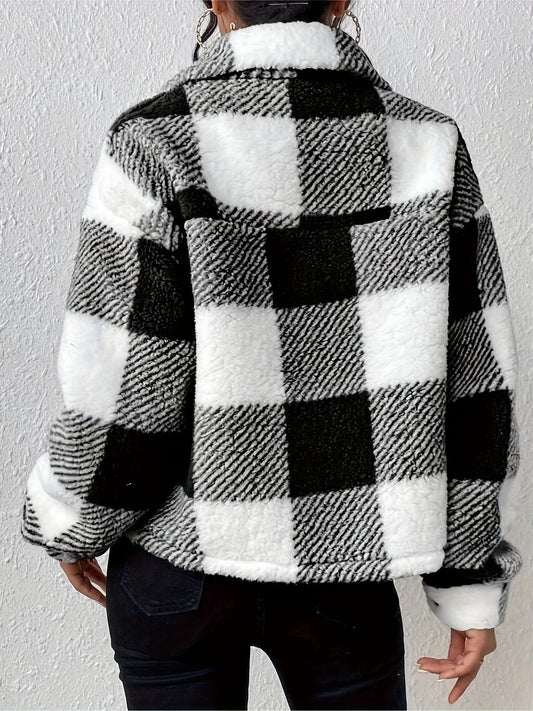 Fashion Casual Geruite Fleece Winterjas met Knoopsluiting en Zakken voor Dames