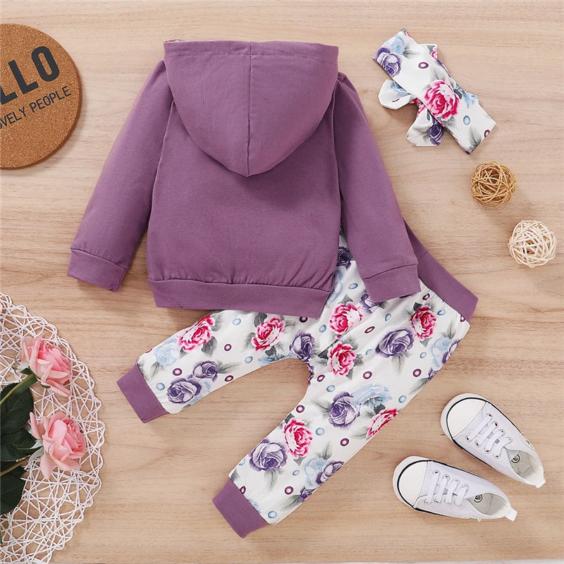 3-delige Outfit Hoofdband Letterprint Hoodie met Bloemenprint & Bloemenprint Broek voor Baby's / Peuters