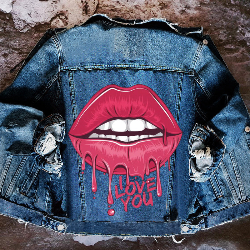 Amerikaanse Fashion Trendy Spijkerjacket met Big Lips Cartoon voor Unisex Jong & Oud