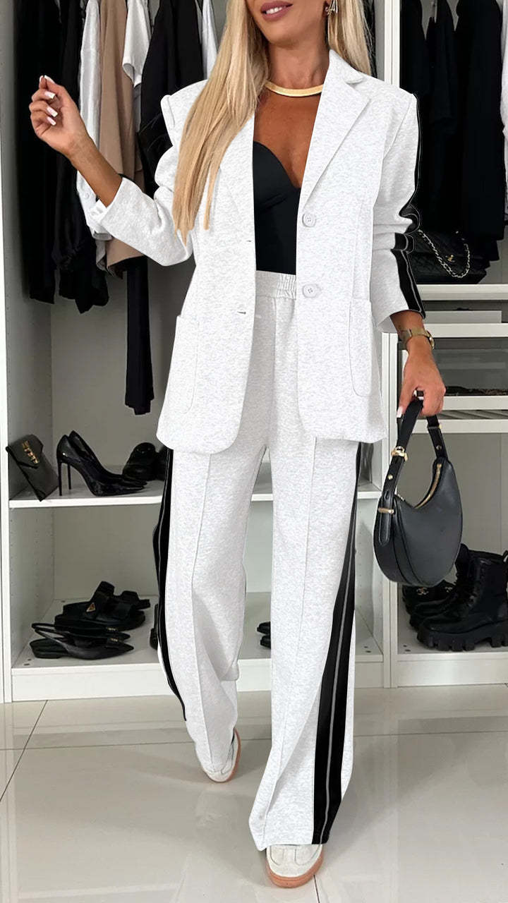 Stijlvolle Casual Business Effen Kleur Gestreepte 2-delige Sportpak * Oversized Revers Blazer met Knoopsluiting & Rechte Stretch Broek voor Dames & Plus-size