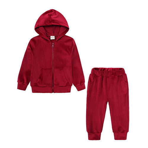 Kinderset 2-delig Fluwelen Sport Sweatvest met Capuchon & Broek voor Kinderen/Tieners