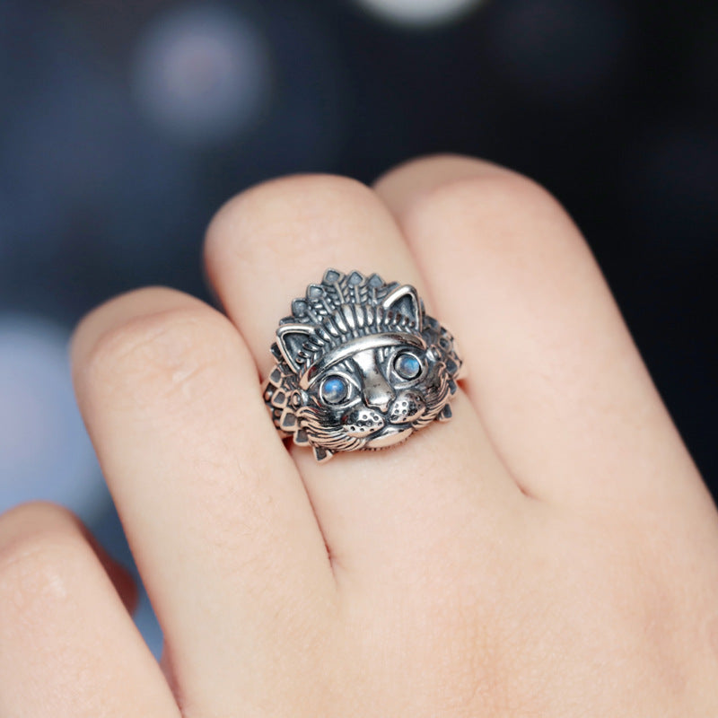 Vintage Ring met Maansteen en Indiase Kat voor Heren