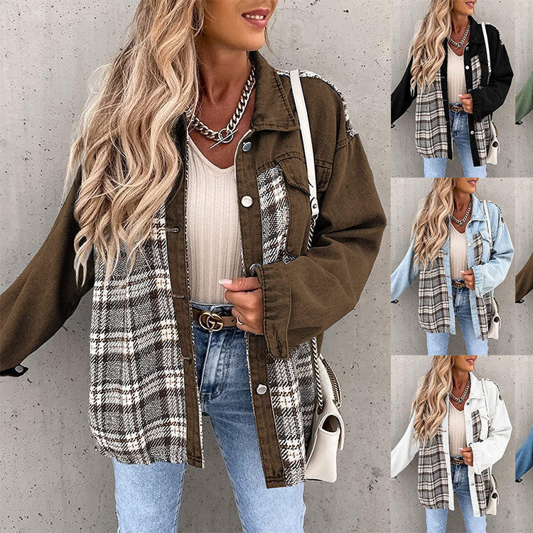 Casual Oversized Effen Kleur Geruite Lange Mouw Denim-jacket met Revers en Knoopsluiting voor Dames & Plus-size