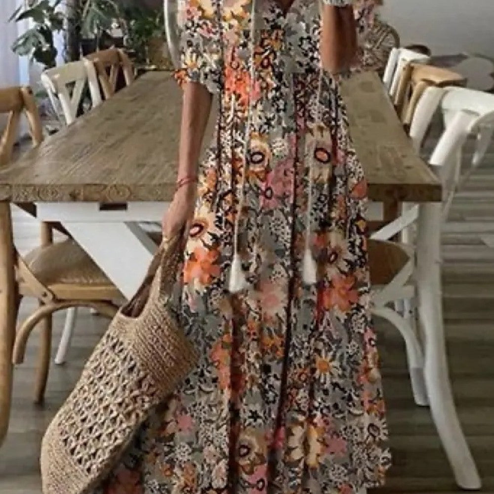 Stijlvolle Elegante Bedrukte Bloemenprint Maxi-jurk met Lange Mouwen en V-hals voor Dames & Plus-size