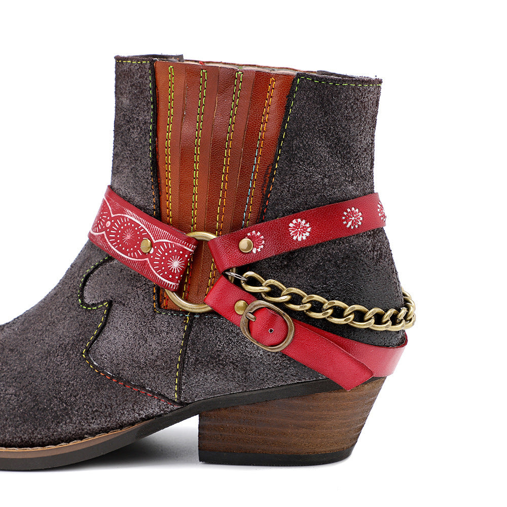 Amerikaanse Fashion Vintage Handgemaakte Matte Cowboy Enkellaarzen van Echt Leer met Geomestrisch Studded-band en Enkelketting voor Dames & Plus-size