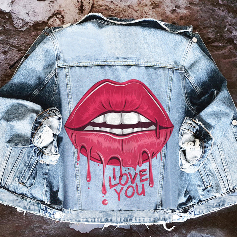 Amerikaanse Fashion Trendy Spijkerjacket met Big Lips Cartoon voor Unisex Jong & Oud