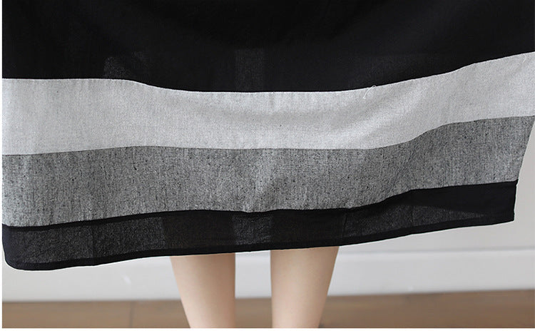 Trendy Oversized Linnen Midi-jurk met Korte Mouwen en Gestreepte Onderkant voor Dames