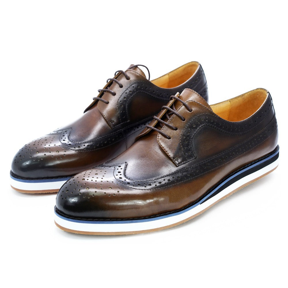 Europese en Amerikaanse Casual Business Handgemaakte Platte Wingtip Brogue Oxfort Schoenen van Echt Leer met Vetersluiting voor Heren