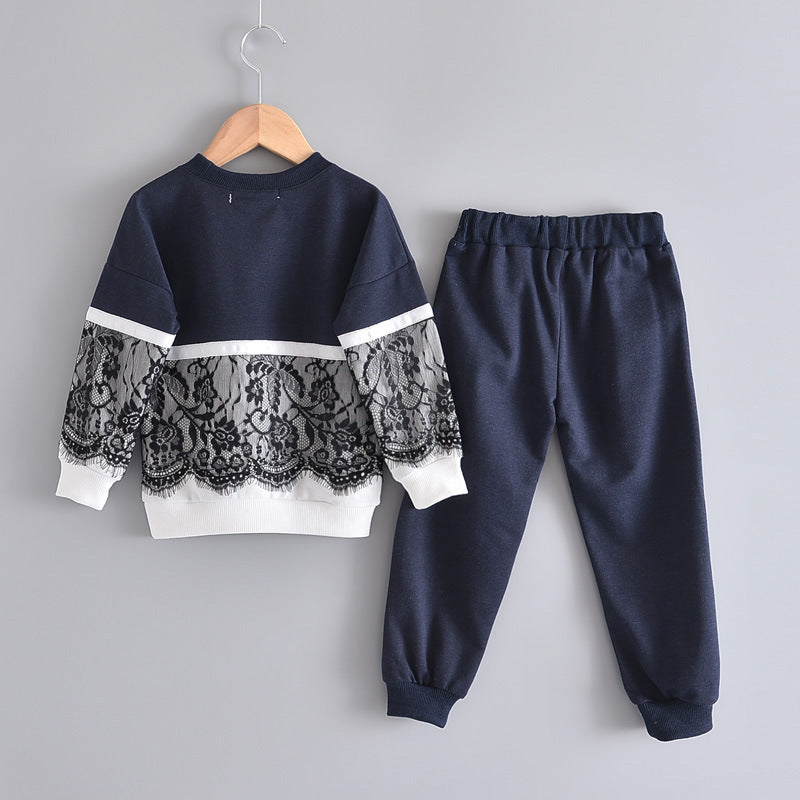 Meisjes Tweedelig Pak Sweatshirt met Kantsteek & Broek met Letterprint voor Kinderen/ Tieners