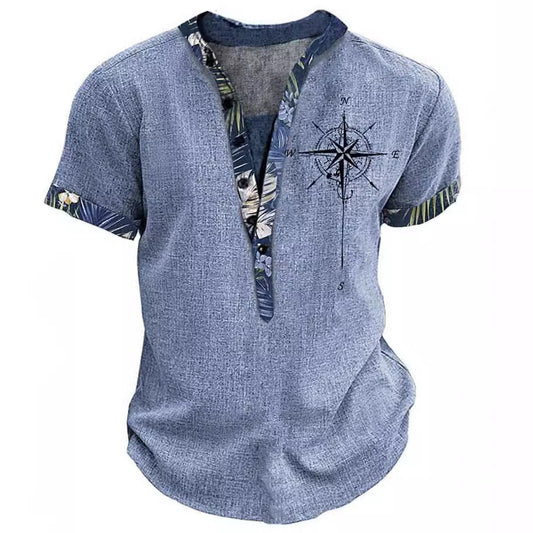 Amerikaanse Casual Effen Kleur 3D-bedrukte Vintage-print V-hals T-shirt met Korte Mouwen en Knoopsluiting voor Heren