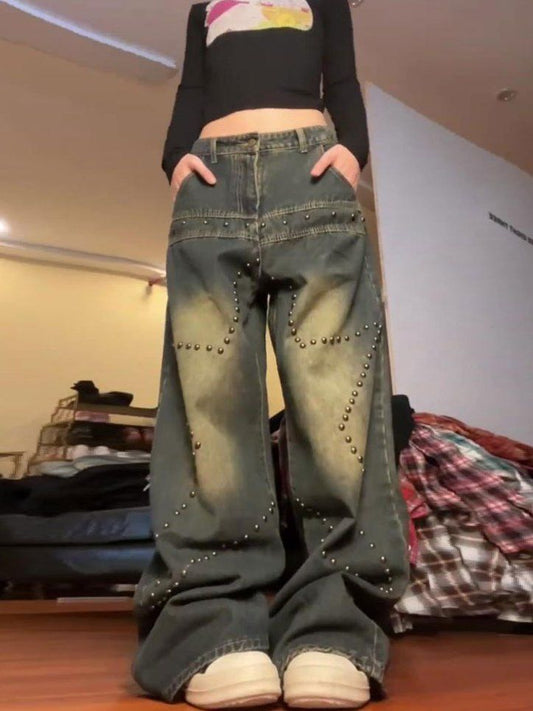 American Retro Washed Rivet Jeans voor Dames/ Plus-size & Meisjes