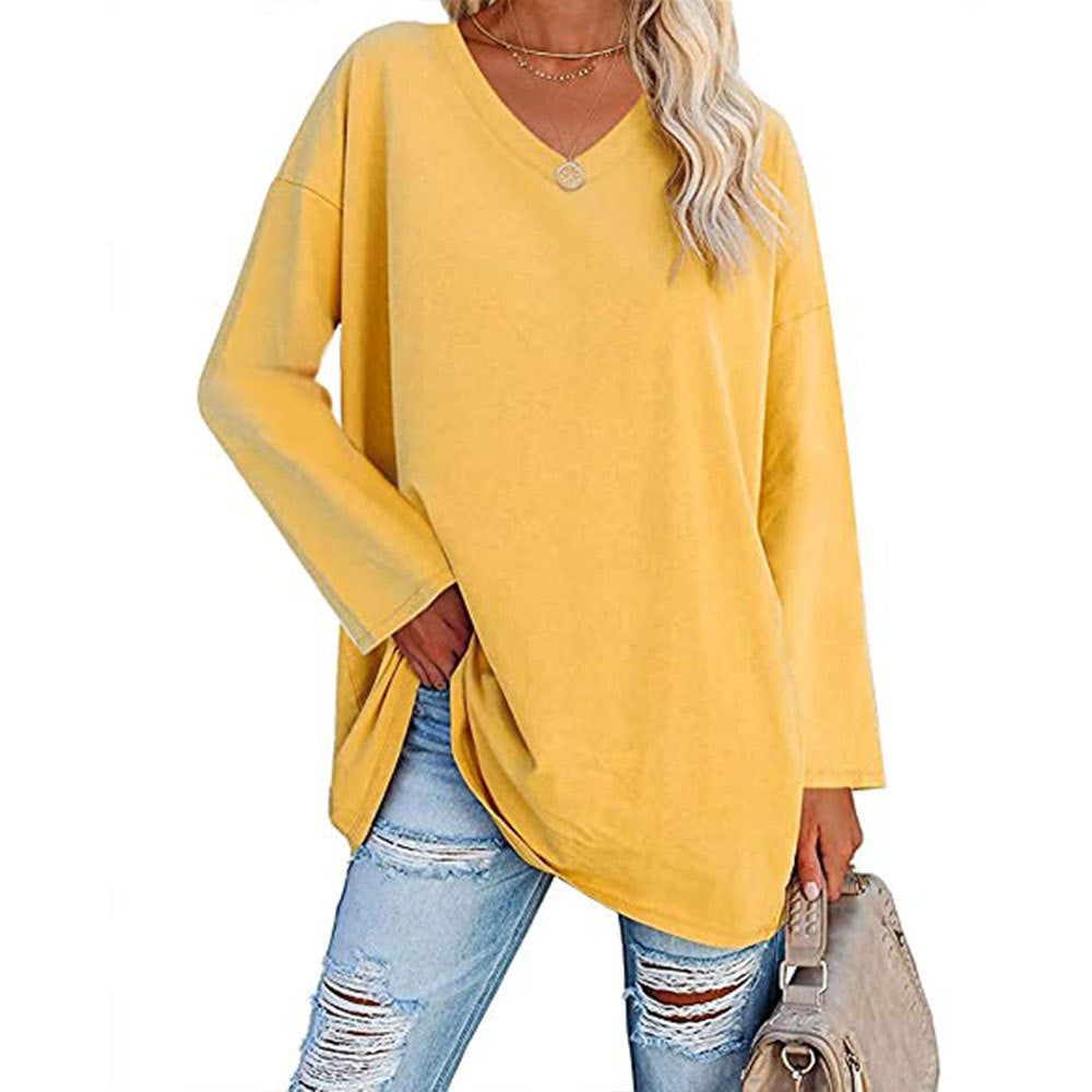 Casual V-hals Effen kleur Oversized Lange Mouw Shirt voor Dames & Plus-size