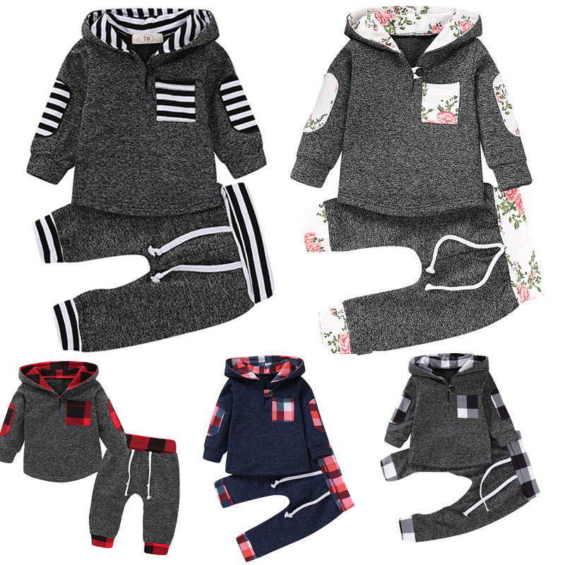 Europese en Amerikaanse Stijl Veelkleurig Geborduurd Geruit Pluche Hoodiepak 2-delig