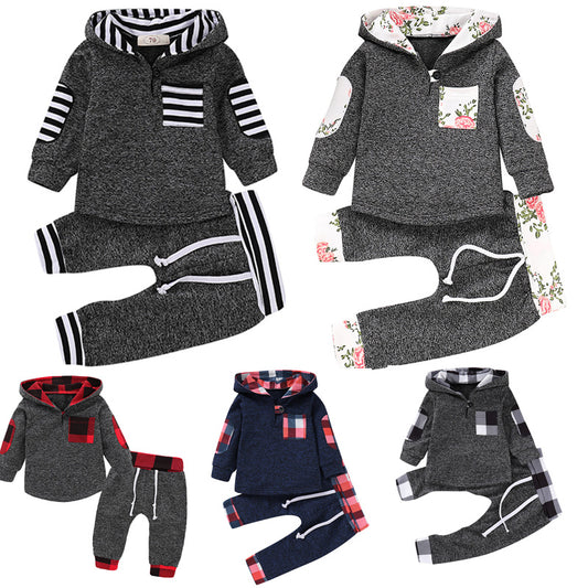 Europese en Amerikaanse Stijl Veelkleurig Geborduurd Geruit Pluche Hoodiepak 2-delig