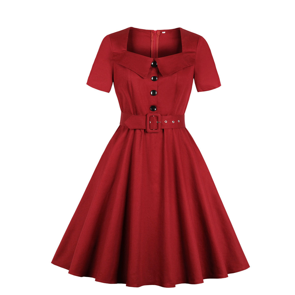 Hepburn Style Vintage Effen Kleur Jurk met Korte Mouwen en Rode Riem voor Dames & Plus-size