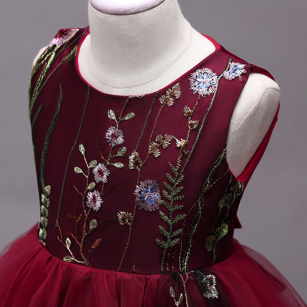 Elegante Effen Kleur Mouwloze Feestjurk van Kant en Mesh met Geborduurde Bloemenpatroon en Ritssluiting voor Meisjes & Meiden