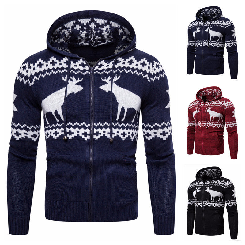 Kerstmis Casual Effen Kleur Gebreide Kersttrui met Ritssluiting en Capuchon in Fawn-Stijl voor Heren