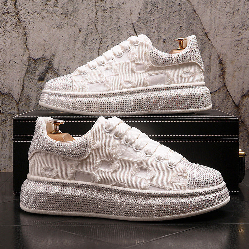 Europese Modieuze Casual Effen Kleur Accenten Canvas Sneakers met Strass-steentjes en Dikke Platformzool voor Heren