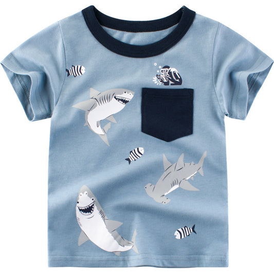 Trendy Schattige Blauwe Korte Mouw T-shirt met Bedrukte Cartoonprint en Borstzak voor Kinderen