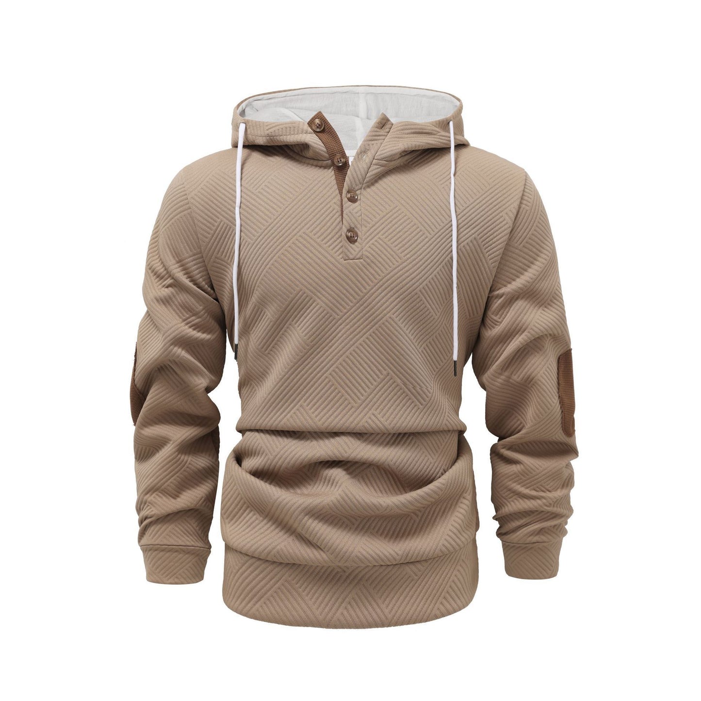 Trendy Effen Jacquard Losse Sport Hoodie Sweater Patched met Knoopsluiting en Trekkoord voor Heren